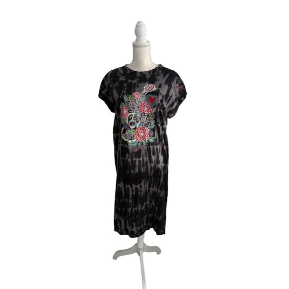 DISNEY Coco Gray Guitar Floral Tie Dye Midi Short Sleeve Dress Size Medium - Picture 6 of 10